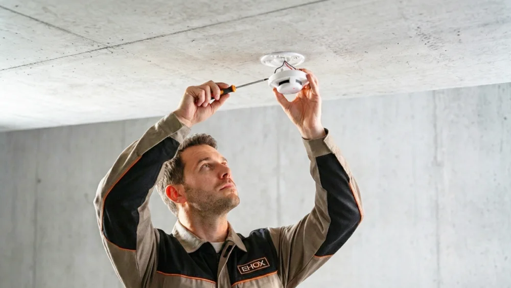 Un técnico de EHOX instala un detector antiincendios